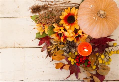 Autumn Harvest Decorations with Candles on Wooden Background Stock ...