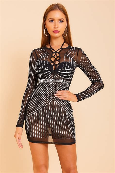 Wholesale Sexy Mesh See Through Hot Drilling Stretch Lacing Dress
