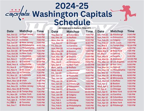 Printable 2024-25 Washington Capitals Schedule; Matchups; PDF format