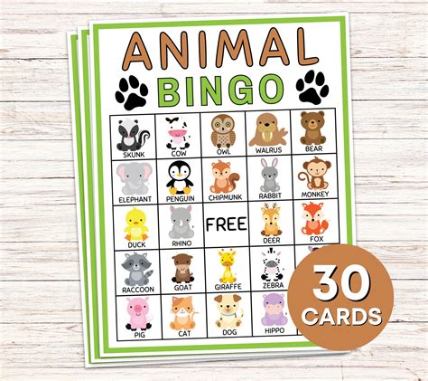 30 Animal Bingo Cards Printable Game Zoo Baby Animal Bingo Boards