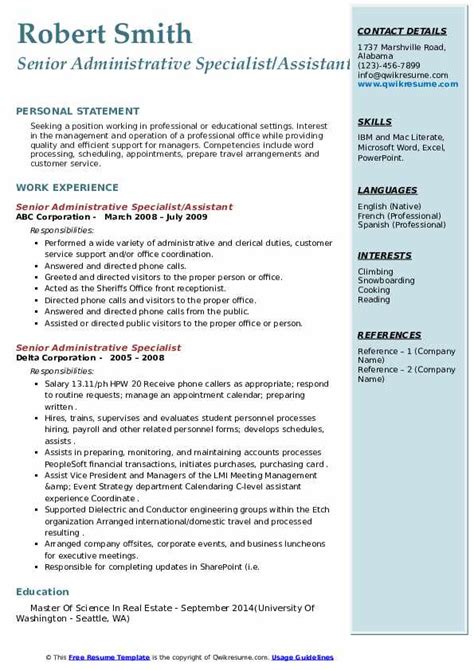 Senior Administrative Specialist Resume Samples Qwikresume