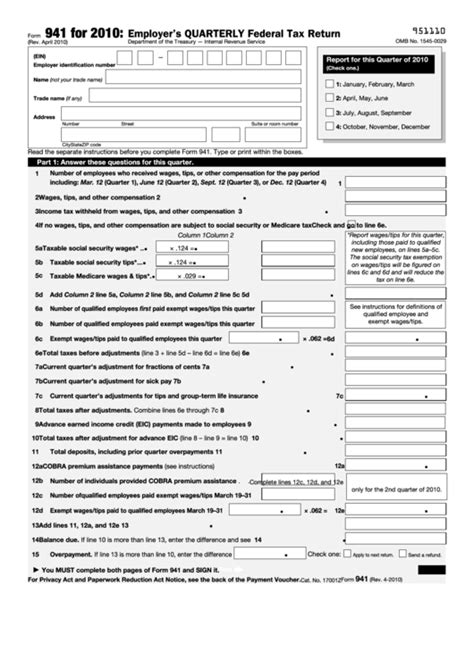 Fillable Form 941 - Employer'S Quarterly Federal Tax Return - 2010 ...