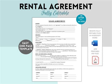 Simple One Page Lease Agreement Basic Rental Agreement Lease Contract