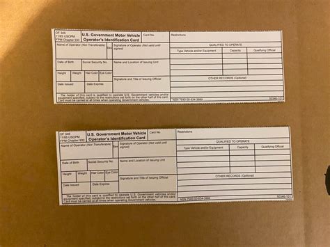 U S GOVERNMENT MOTOR VEHICLE OPERATORS IDENTIFICATION CARD 2 EACH FREE