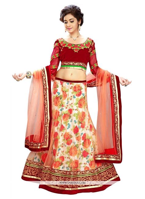 Red Aari Work Net A Line Lehenga Choli