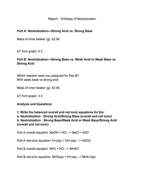 Enthalpy Of Neutralization Lab Report Report Enthalpy Of