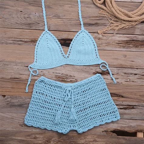 Y0820 Sexy Crochet Bikini Set Halter Tie Top Knitted Shorts Hollow