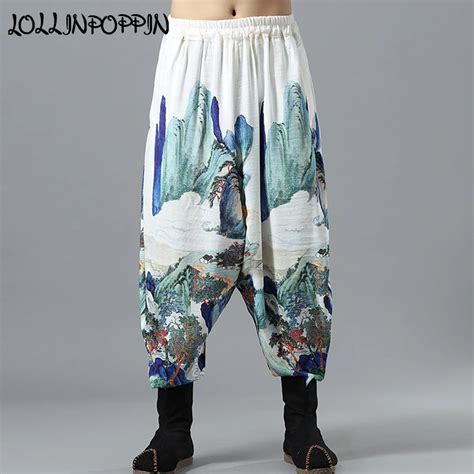 Landscape Printed Mens Linen Harem Pants Chinese Style Cotton And Linen