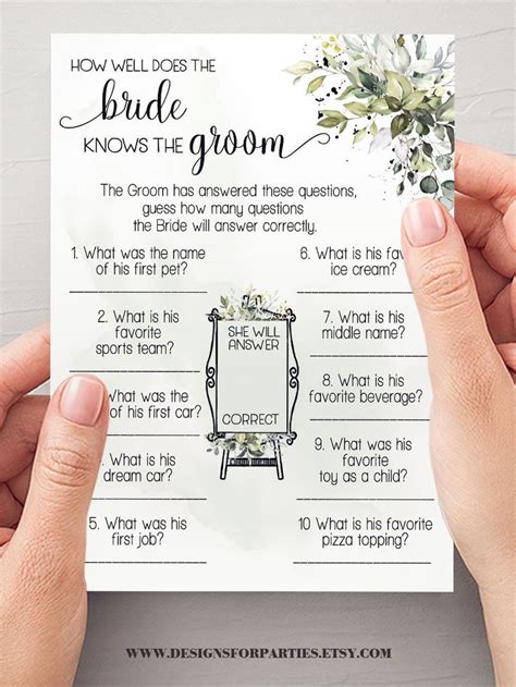 How Well Does The Bride Know The Groom Bridal Shower Game Greenery