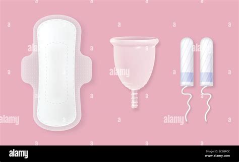 Set Of Female Menstrual Cycle Sanitary Napkins Tampons And Cup On Rose Background Vector Stock