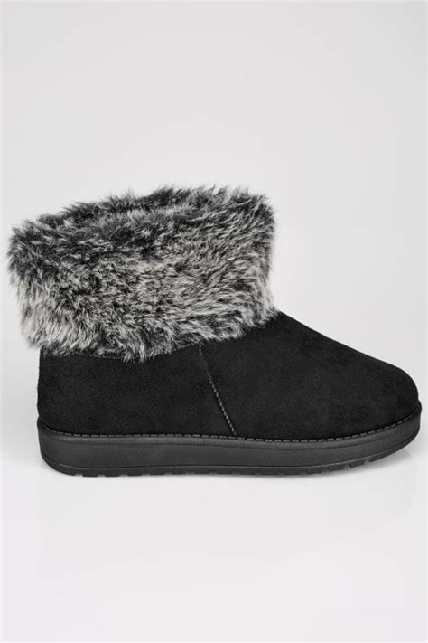 Black Faux Fur Trim Ankle Boots In True Eee Fit