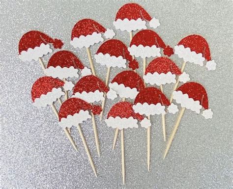 Red Glitter Santa Hat Cupcake Toppers Santa Hat Cupcake Pick Santa