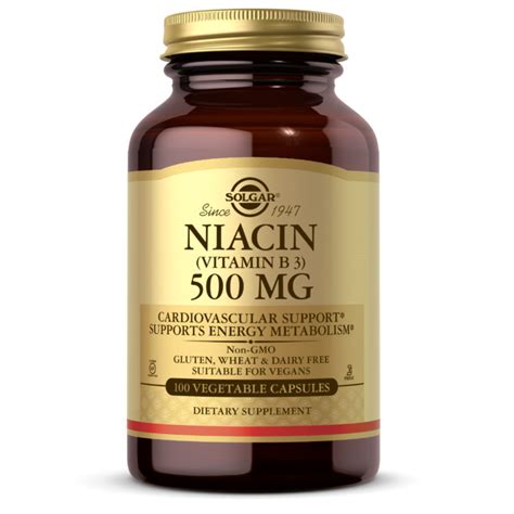 Niacin Vitamin B3 500 Mg Vegetable Capsules Heart Health Solgar