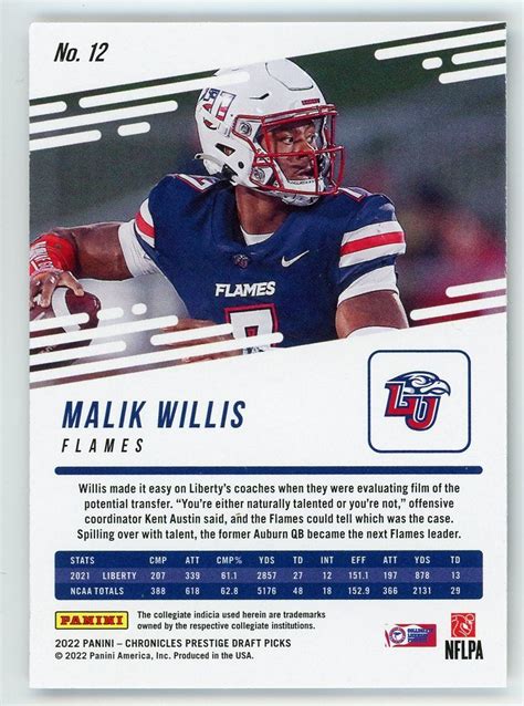 Malik Willis 2022 Panini Chronicles Draft Picks Prestige Rookie Card RC