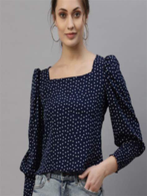 Buy Style Quotient Navy Blue And White Print Bishop Sleeves Crepe Top Tops For Women 17515002