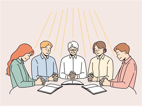 Group Of Diverse People Sit At Table Praying Together Men And Women