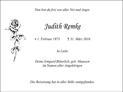 Traueranzeigen Von Judith Remke Trauer In Nrw De