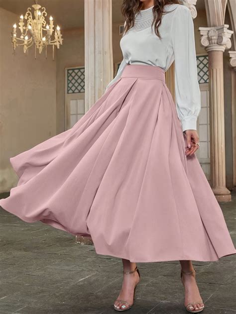 Solid Color Ankle Length Pleated Skirt Elegant High Waist Skirt For