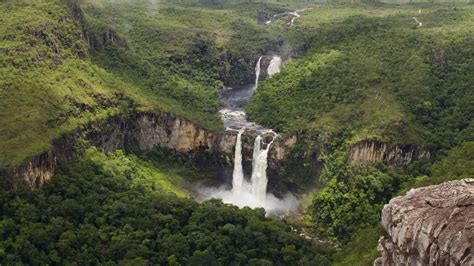 Aerial View Of Waterfalls In Chapada Dos Veadeiros National Park Goi S