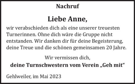 Traueranzeigen Von Anne WochenSpiegel Trauer