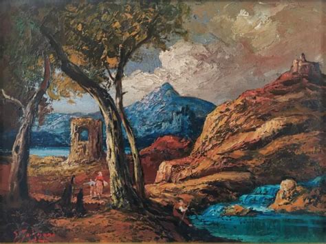 ANCIEN PAYSAGE MÉDIÉVAL d Automne en Italie avec Figures Peinture à