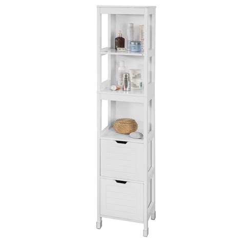 Sobuy Frg126 W White Floor Standing Tall Bathroom Storage Cabinet With 3 Shelves And 2 Drawers