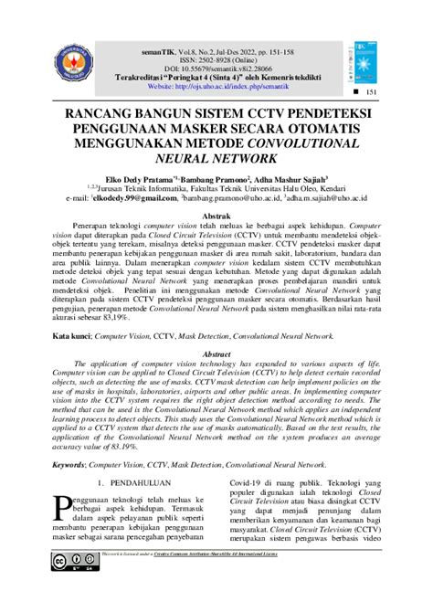 Pdf Rancang Bangun Sistem Cctv Pendeteksi Penggunaan Masker Secara Otomatis Menggunakan Metode