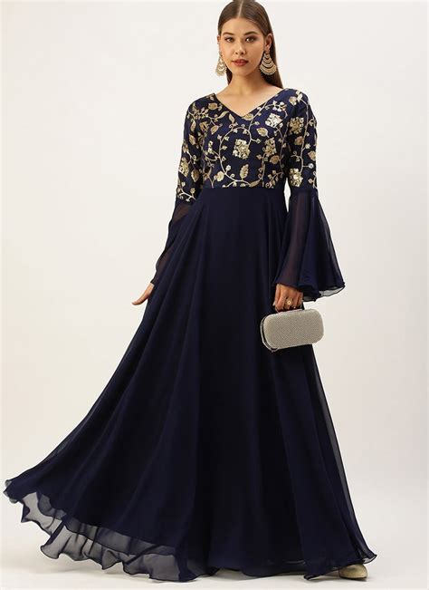 Buy Blue Bell Sleeves Embroidered Gown Festive Wear Party Wear Online