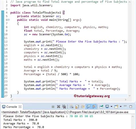 Java Program To Find Total Average And Percentage Of Five Subjects