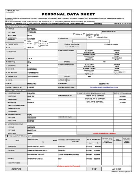 Cs Form No 212 Revised Personal Data Sheet New 2020 Pdf Teachers