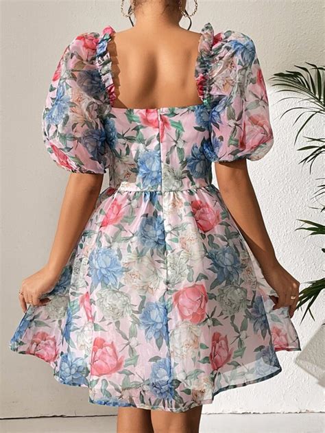 Shein Vcay Floral Print Sweetheart Neck Puff Sleeve Frill Trim Organza