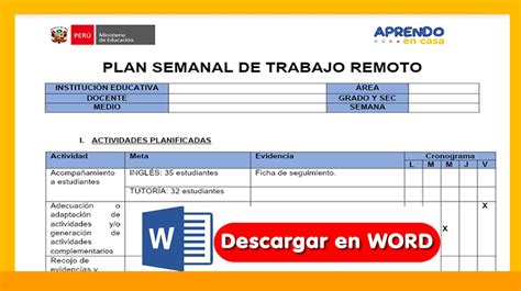 Excelente Plan Semanal de Trabajo Word Descarga gratis aquí SIAGIE