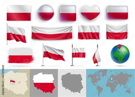 Poland Flags Of Various Shapes And Geographic Map Set Realistic Polish Flags Glossy Buttons In