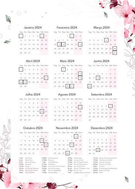 Calendario 2024 Floral Para Imprimir