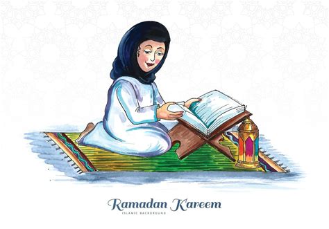 Muslim Woman Reading Quran Islamic Holy Book After Praying Background