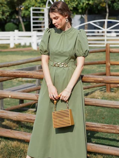 Shein Modely Vestido Con Cintur N De Manga Farol De Cuello Alto Moda