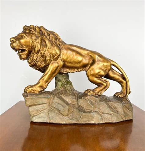 Large Brass-Colored Lion Statue, Early 1900s for sale at Pamono