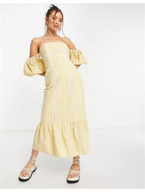 Buy Asos Design Off Shoulder Button Through Midi Dress In Yellow