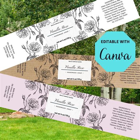 Editable Soap Wrapper Label Template For Canva Organic Floral Printable Belly Band Template For