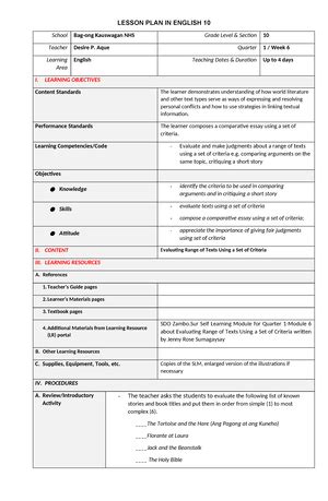 DLP ENG10 Q1 MELC 7 WEEK 7 LESSON PLAN IN ENGLISH 10 School Bag Ong