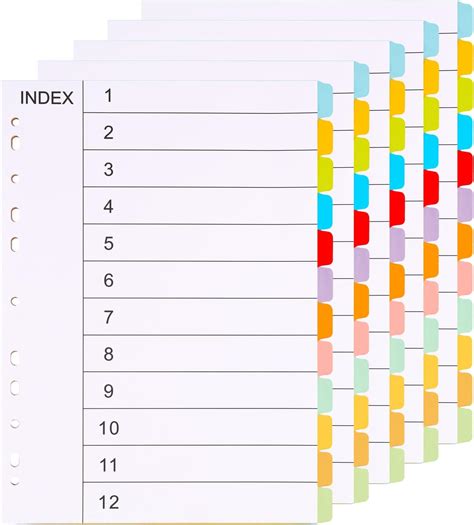5 Pack A4 Folder Dividers 12 Part 12 Colours File Dividers A4