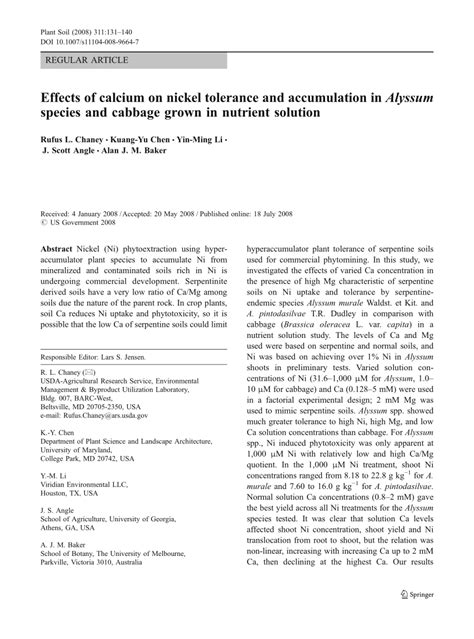 Pdf Effects Of Calcium On Nickel Tolerance And Accumulation In