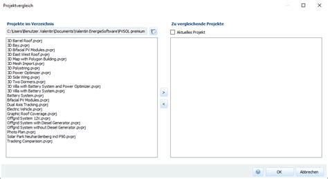 Projektvergleich PV SOL Hilfe