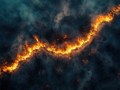 Aerial view of wildfire spreading through forest, smoke billowing