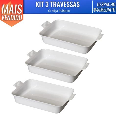 Kit 3 Travessa Retangular G C Alças Branca Le Chef Tigela Para Servir