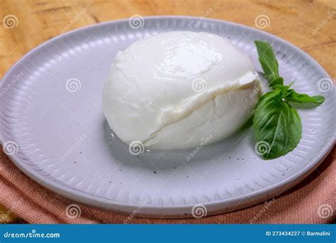 White Ball Of Italian Soft Cheese Mozzarella Di Bufala Campana Served