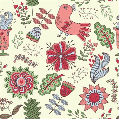 Modèle Sans Couture Dans Le Style Vintage Doodle Fleurs Oiseaux