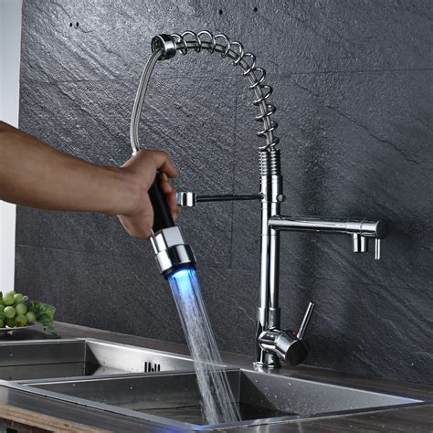 Chrome Led Spring Kitchen Faucet Pull Out Mixer Tap Pull Down Sink Bar