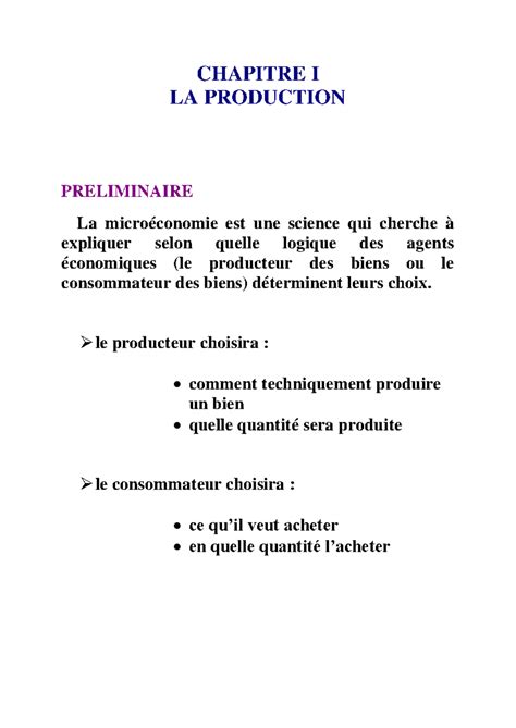 Cours 1 de micro économie CHAPITRE I LA PRODUCTION PRELIMINAIRE La