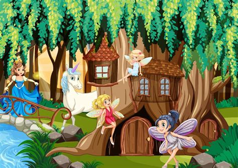 Fantasy Forest With Fairies And Unicorn 4454394 Vector Art At Vecteezy